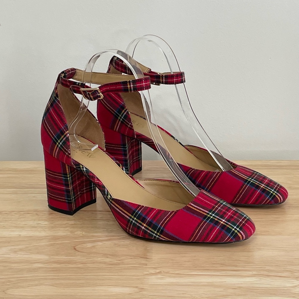 J. Crew Women's 8.5 Red Stewart Tartan Plaid Ankle Strap Block Heel Shoes EUC